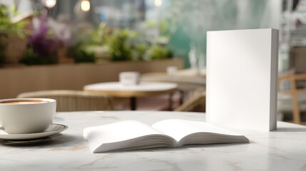 White blank book cover mockup on a marble table with a coffee cup in a modern cafe