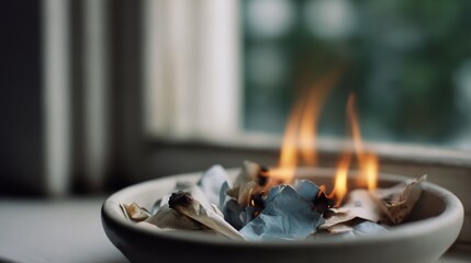 Burning paper in a shallow dish on a window sill with flames dancing softly, creating a blend of calmness and tension.