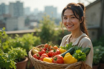 Joyful Asian Woman Holding Basket Full of Freshly Harvested Vegetables in Her Rooftop Urban Garden, Promoting Healthy and Sustainable City Living
