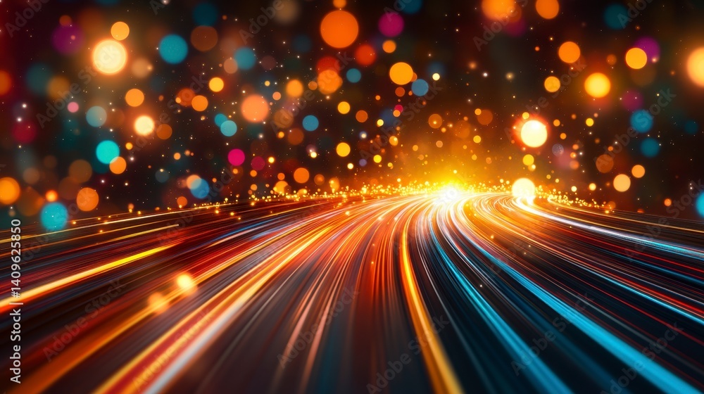 Poster abstract light trails of colorful streaks on dark background with bokeh lights.