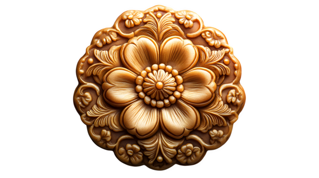 Golden mooncake with intricate pattern, isolated on white background