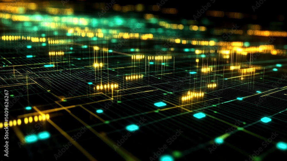 Aufkleber abstract digital landscape with glowing grid and particles. dark background with yellow and teal lig