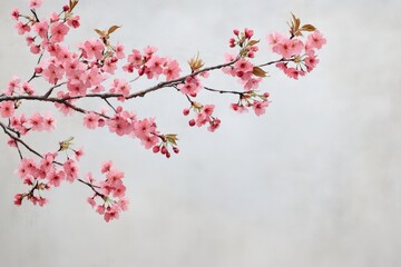 Obraz premium Delicate pink cherry blossoms against a muted gray background.