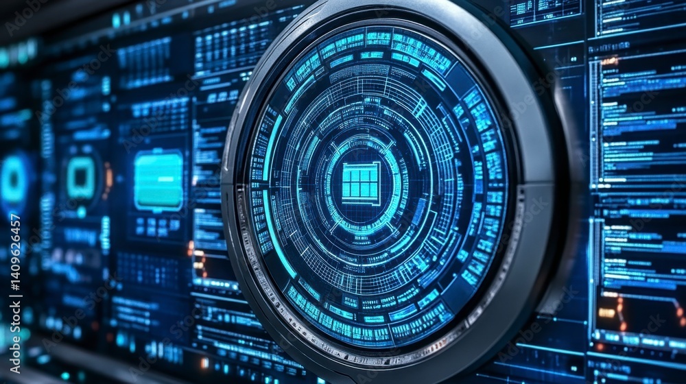 Poster abstract digital interface with glowing blue concentric circles and data streams.