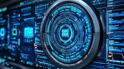 Obraz premium Abstract digital interface with glowing blue concentric circles and data streams.