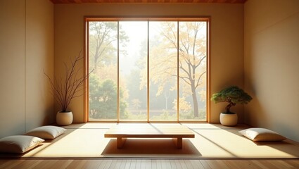 Spacious zenstyle interior room featuring a large window allowing natural light to fill the serene space