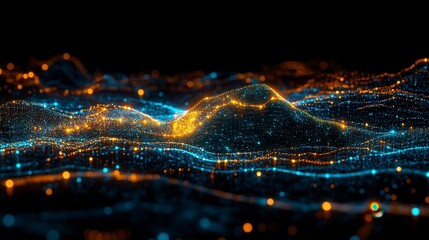 Fototapeta premium Abstract landscape of glowing particles, undulating hills of blue and orange lights on a black background.