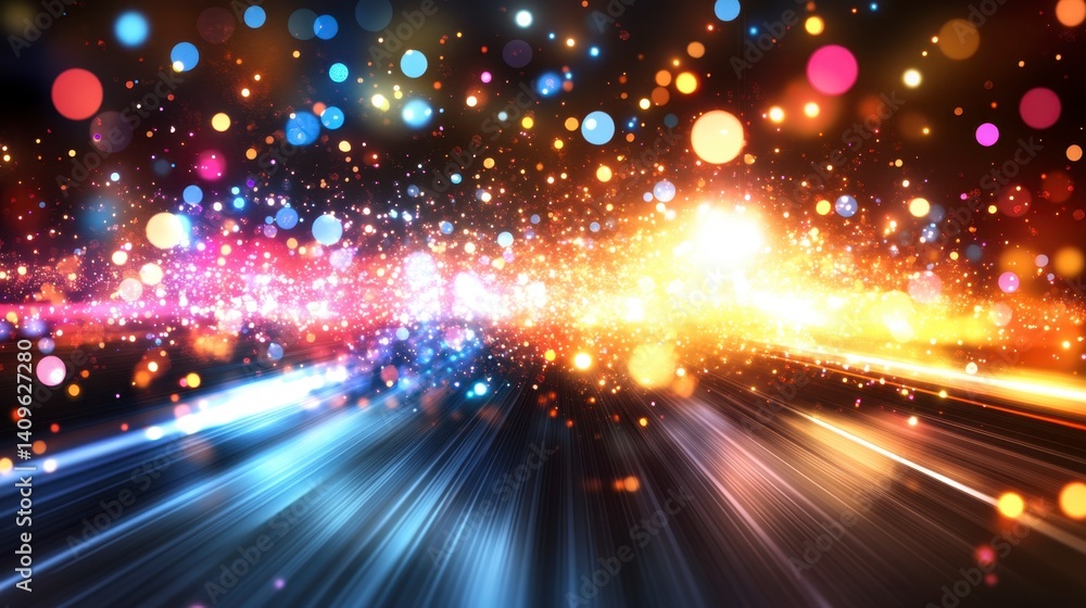 Poster vibrant multicolored lights streak across a dark background, creating a dynamic and energetic atmosp