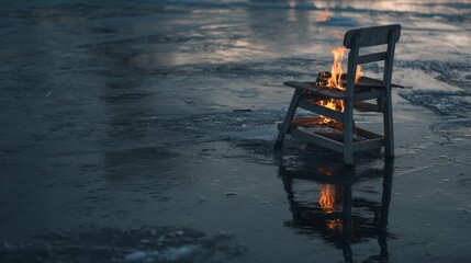 Obraz premium A chair ablaze on icy terrain reflects a juxtaposition of elements, blending fire and ice in a visually striking, thought-provoking scene.