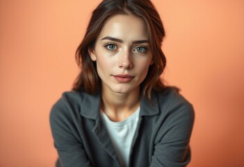 Obraz premium Portrait of a female person on a warm colored pastel background