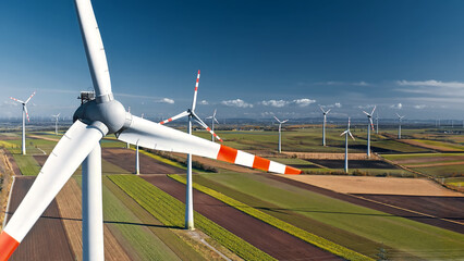 Drone close-up of a wind turbine with multiple wind turbines over agricultural fields, showcasing renewable energy, sustainable power, and clean technology.