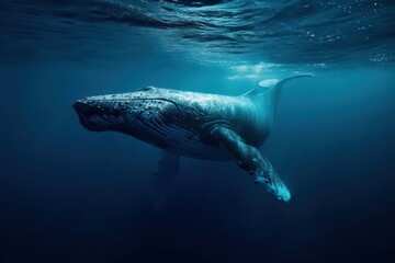 Fototapeta premium Majestic Whale Swimming in Deep Ocean with Sunlight Rays Breaking Through Water Surface