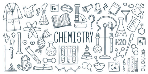 Set of line art chemistry elements. Bundle of science doodles vector illustration for school.