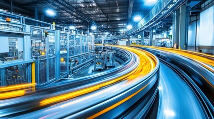 Industrial factory interior with long exposure of a curving conveyor belt and machinery.