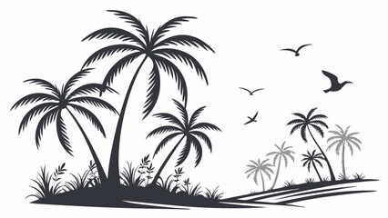 Tropical Island Beach Palm Trees Black and White Silhouette Vector Art