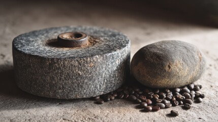 Worn millstone and round stone surrounded by scattered coffee beans on a rustic surface, evoking a sense of antiquated craftsmanship.