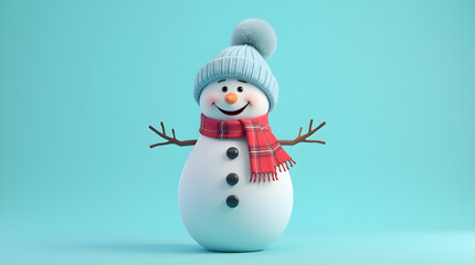 Cute Snowman in Blue Hat and Red Scarf – Winter Holiday Icon with Cheerful Smile