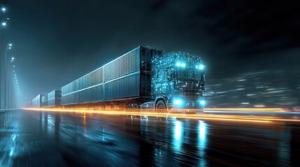 Futuristic Cargo Truck in Digital Setting at Night with Lights