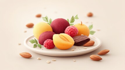 A vibrant selection of colorful fruit-shaped desserts garnished with almonds and leaves, presented on a simple plate.