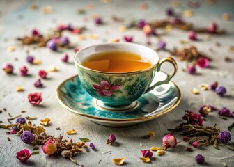 Fototapeta premium Fashion Photography: Teacup & Tea Leaves, Isolated Background, Elegant Still Life, High-Resolution Image