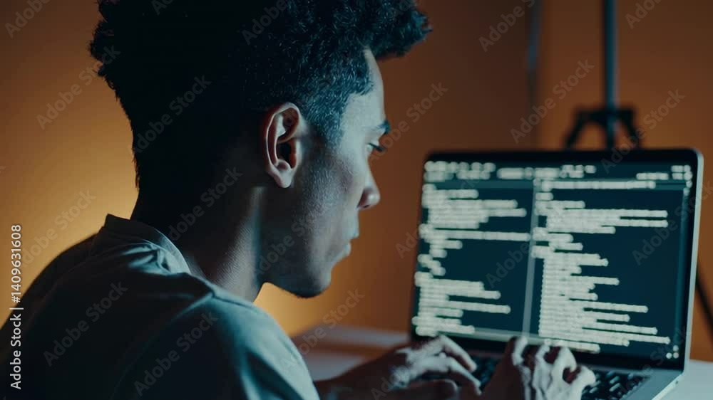 Poster Young developer concentrating on code lines, typing intently while navigating script in dimly lit nocturnal workspace, focusing on software development project