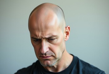 Fototapeta premium Sorrowful bald man with a subtle scowl