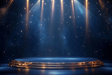 Golden stage under sparkling blue lights a magical awards ceremony