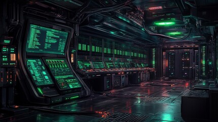 Fototapeta premium Dark futuristic server room interior with glowing green screens and wet floor.