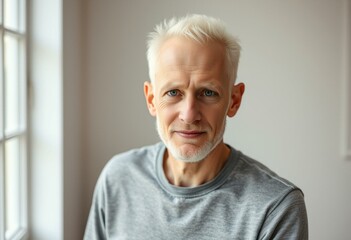 Serene natural light portrait of a male with albinism