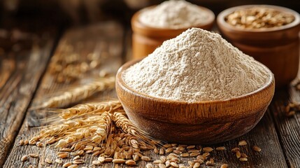 Fototapeta premium A wooden bowl overflowing with unbleached wheat flour sits on a rustic wooden table next to wheat grains and stalks suggesting baking and culinary uses.