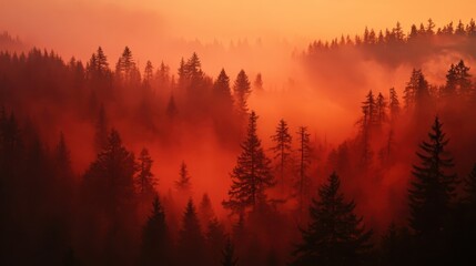 Fototapeta premium Smoky sunrise over a misty mountain forest.