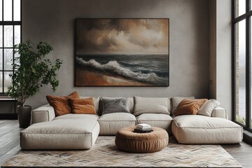 Fototapeta premium Living room interior with large sectional sofa artwork and natural light.