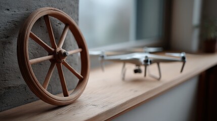 A drone and a vintage wooden wheel rest on a windowsill, symbolizing a juxtaposition of tradition and technology against a blurred indoor backdrop.