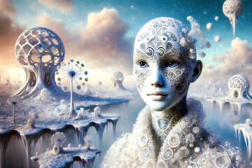 A futuristic humanoid figure with intricate patterns on its face stands in a surreal icy landscape filled with floating orbs, abstract structures, and delicate, frosty vegetation.