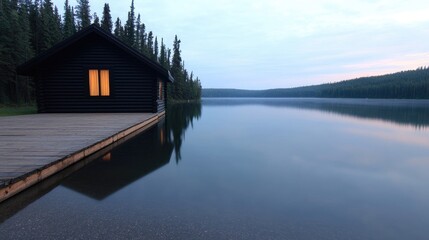 Obraz premium Tranquil lake cabin at dusk
