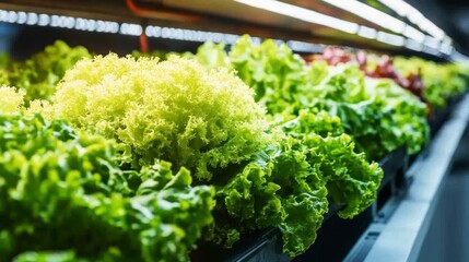 Rows of fresh green lettuce under bright lights in a hydroponic farm setting.