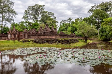 Banteay Srei, Angkor Wat is located in Cambodia. One of the seven architectural wonders of the world. Tomb Raider filming location