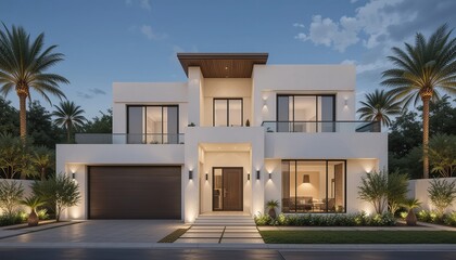 Fototapeta premium Modern architectural elegance, illuminated by soft light, showcases clean lines and luxurious living in a serene, tropical setting.