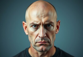 Portrait of a bald man with a stern expression