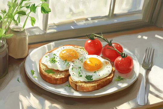 Sunny morning breakfast two fried eggs on toast with cherry tomatoes - Powered by Adobe