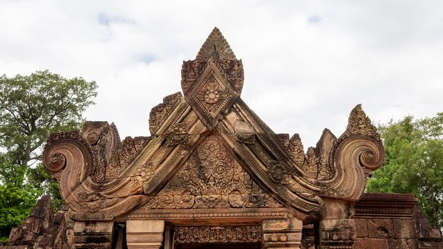 Banteay Srei, Angkor Wat is located in Cambodia. One of the seven architectural wonders of the world. Tomb Raider filming location