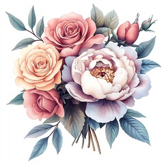 Elegant Rose and Peony Bouquet, Delicate Pastel Hues, Softly Painted Blooms, Lush Greenery, White Background