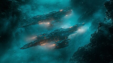 Obraz premium Two futuristic spaceships fly through a dark, nebulous space, illuminated by glowing lights and surrounded by dark, rocky formations.