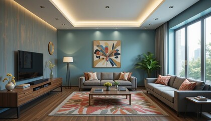 Fototapeta premium Inviting living room with stylish furniture, vibrant art, and hardwood floors creates a warm and comfortable atmosphere for relaxation.
