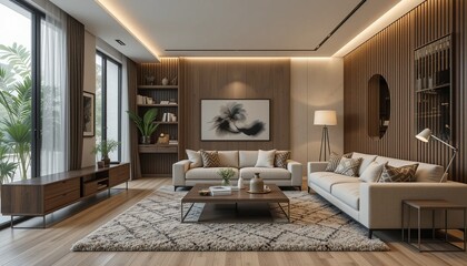 Inviting living room interior featuring modern furniture, a plush rug, and warm wood accents creates a cozy and stylish atmosphere.