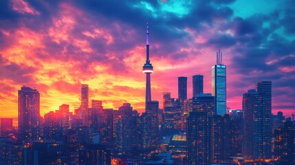 Fototapeta premium toronto's skyline ablaze under a fiery sunset a vibrant urban panorama blending nature's canvas with architectural magnificence
