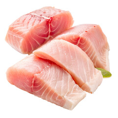 A pile of fish fillets with green leaves on top. The fish fillets are cut into pieces and arranged in a neat stack