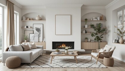 Cozy living room with fireplace, sofa, armchair, rug, shelves, artwork, and plants offers a relaxing and inviting atmosphere.