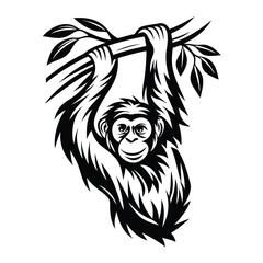 Orangutan Hanging from Branch Black Silhouette, Wildlife Mammal Primate Isolated Design