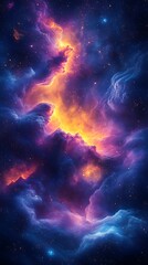 Vibrant Cosmic Wallpaper  Swirling Purple Blue and Orange Clouds Against Starry Background

